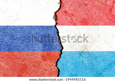 Grunge Russia VS Luxembourg national flags icon pattern isolated on broken cracked wall background, abstract international political relationship divided conflicts concept texture wallpaper