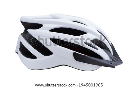 Plastic white bicycle helmet isolated on white. Side view. Royalty-Free Stock Photo #1945001905