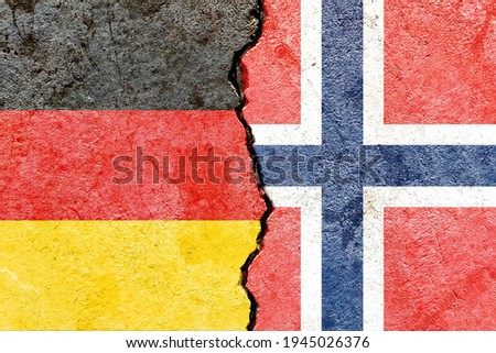 Germany VS Norway national flags on broken wall background, abstract Germany Norway politics relationship conflicts concept