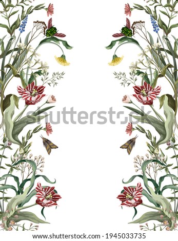 Seamless pattern with wild thin flowers and insects. Trendy botanical print