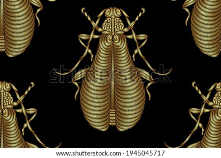 Seamless pattern of beetles embroidered with gold threads. Imitation of expensive embroidery. Jungle art. Summer tropical template for clothes, textiles, t-shirt design