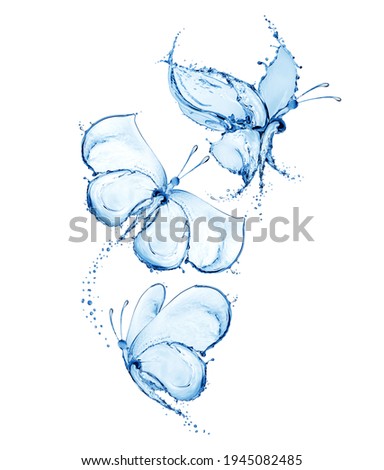 Three butterflies made of water splashes isolated on white background 