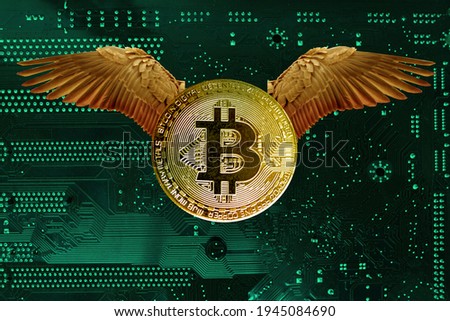 Bitcoin e-cryptocurrency with wings flies, green electronic printed circuit board, PCB with microelectronic components for technology and computer systems, modern technology concept, global business