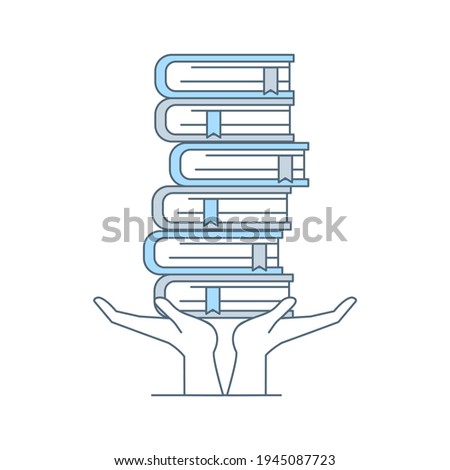 Hands holding pile of books vector cartoon outline illustration isolated on white background. Different books in stack. Education, back to school, reading and schooling concept.