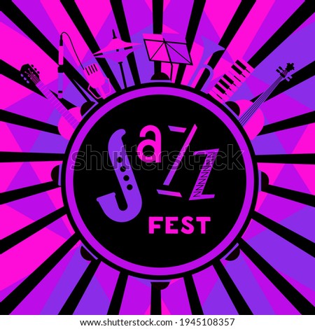 Jazz Fest Musical instruments bright neon color vector icon. Live music jazz festival cartoon design element. Vintage musical instrument emblem template. Concert advertisement background illustration
