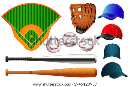 Baseball equipment set. Field. Stadium. Baseball balls, caps, bat and glove. Color vector illustrations isolated on white background