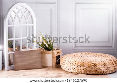 Mirror, flower, bag in the interior of the living room, the classic wall in the back. Home decor.