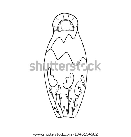 Sleeping Bag, camping equipment, line art vector. Portable Compression Sack with mountain floral print outline. Travel object isolated on white background