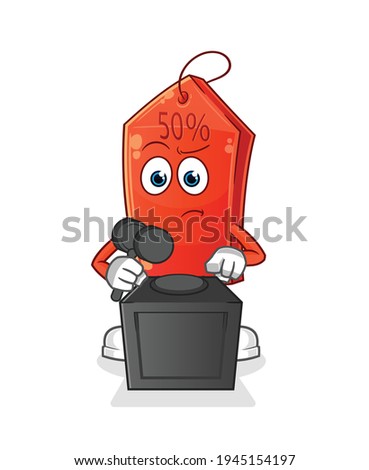 discount tag judge holds gavel illustration. character vector