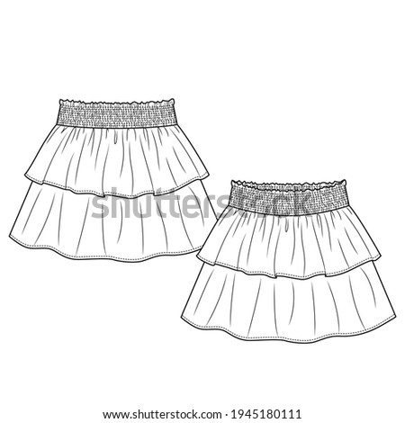 Baby Girls Short Skirt fashion flat sketch template. Technical Fashion Illustration. Smocking elastic waist effect. Layered Frills Royalty-Free Stock Photo #1945180111