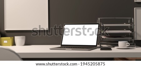 3D rendering, workspace with laptop,  office supplies, decorations and copy space on the desk in office room, clipping path, 3D illustrations