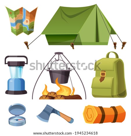 Set of camping equipment and stuff cartoon set