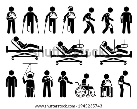Orthopedics medical products support for pain and body injury due to accident. Icons are hospital bed, plaster cast, broken arm cast sling, backache belt, knee guard protector, wheelchair, and splint. Royalty-Free Stock Photo #1945235743