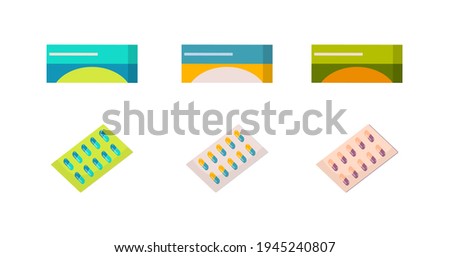 A set of medicines. Blister packaging of tablets and capsules. Pain relievers, antibiotics, vitamins and aspirin in the pharmacy. Large selection of medicines. Isolated elements. Vector
