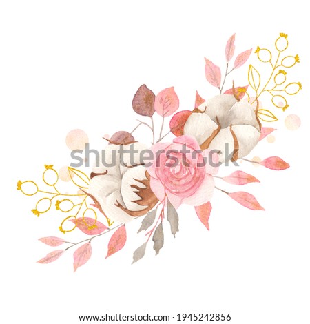 Watercolor floral bouquet with delicate pink and gray flowers, leaves, branches, twigs and gold elements isolated on white background