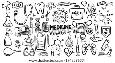 Hand drawn doodles, isolated vector objects on white background. Healthcare and medicine vector illustration.