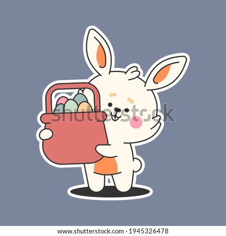 Easter bunny with basket and eggs vector cartoon sticker isolated on background.