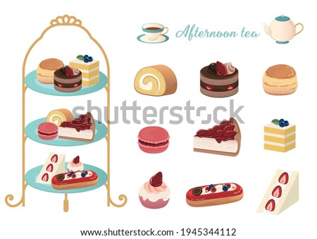 Illustration of an afternoon tea set with lots of cakes Royalty-Free Stock Photo #1945344112