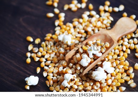 Group of yellow raw corn kernels sweet corn. Grain seeds ingredient golden maize kernel. Wooden table ripe popcorn background.