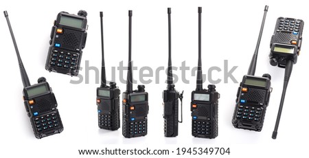 set collage walkie talkie radio communication device isolated on white background