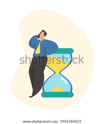 Businessman talking on a mobile phone while standing near large hourglass. Time management, working productivity, multitasking, effective worker. Flat vector illustration