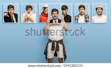 One young man, skateboarder showing portraits with different emotions, professions isolated on blue background. Collage. Happy, sad, angry. Concept of facial expressions, mood. Copyspace for ad.