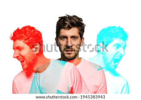 Laughing, sad, screaming. Young man with different emotions in casual clothes isolated on white background with glitch effect. Concept of emotional, facial expression, mood. Copyspace for ad. Royalty-Free Stock Photo #1945383943