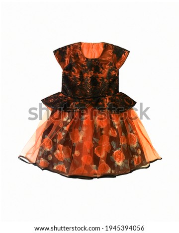 Baby-girl black and orange dress with rose flowers pattern. Cotton summer lace dress for infant girl, isolated on white background. Kids' girl patterned dress