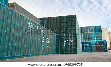 VFX Concept: Augmented Reality 3D Visualization Over Containers in the Terminal. Futuristic Animation Shows Online Connectivity of Every Unit to the Logistics Center and the Level of Load They Hold. Royalty-Free Stock Photo #1945399735