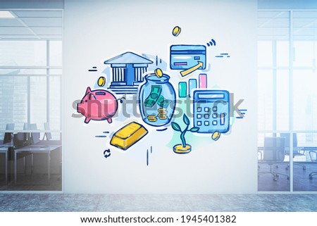 Sketch on the wall inside the office building. Cash, credit card, banking, piggy bank, gold bar, calculator. Skyscraper in the background. 3d rendering