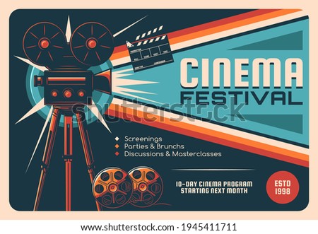 Cinema festival, cinematography industry retro poster. Old movie camera on tripod, movie theater projector and film reel, clapperboard vector. Cinema fest invitation card, event program vintage banner Royalty-Free Stock Photo #1945411711
