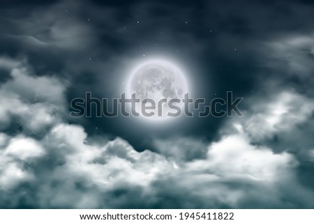 Moon in night sky with clouds and stars. Vector realistic full moon on dark midnight heaven. Starry outer space with bright glow satellite planet and moonlight at mystical fog. 3d twilight landscape Royalty-Free Stock Photo #1945411822