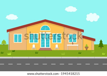 House on street. Scandinavian house with roof and entrance. Building with tree, grass, flowers, garden, cloud. Apartment on road. Design of home exterior. Mortgage for cottage, villa, estate. Vector.