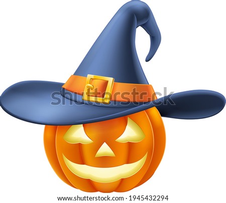 A pumpkin Halloween carved jack o lantern wearing a witchs hat cartoon