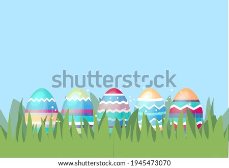 Festive greeting card with eggs and spring grass. Easter floral template for your design.