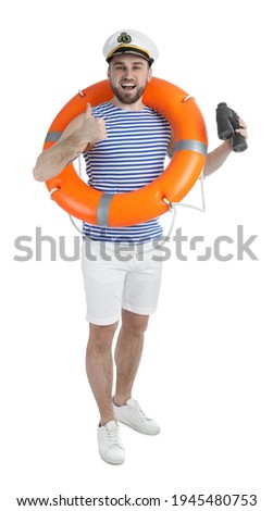Sailor with binoculars and ring buoy on white background