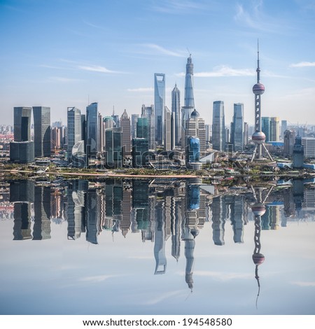 high angle view of shanghai skyline with reflection ,China 