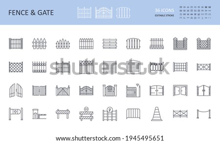 Vector fence and gate icons, road signs. Editable stroke. Wooden metal profile brick wire fences. Open and closed wickets, remote control. Safety signs, repair and construction, stop sign, electricity Royalty-Free Stock Photo #1945495651