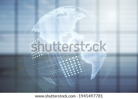 Double exposure of graphic America map hologram on empty room interior background, big data and digital technology concept Royalty-Free Stock Photo #1945497781