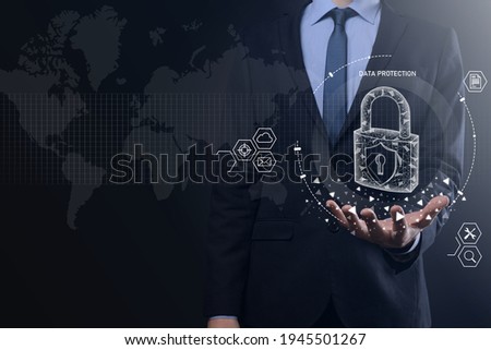 Cyber security network. Padlock icon and internet technology networking. Businessman protecting data personal information on tablet and virtual interface. Data protection privacy concept. GDPR. EU.