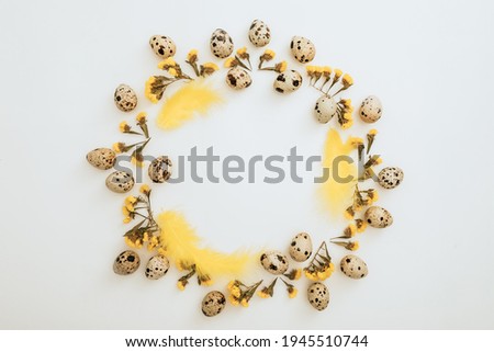 Round frame of eggs and yellow flowers on white background. Flat lay, top view. Easter holiday