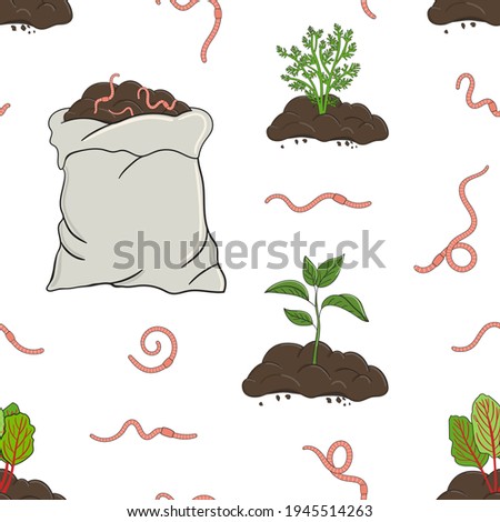 Seamless pattern with worms, compost pile and sack. Carrot and beet sprout in soil. Garden composting concept. Worms for vermicomposting. Farming and agriculture. Hand drawn vector illustration. Royalty-Free Stock Photo #1945514263