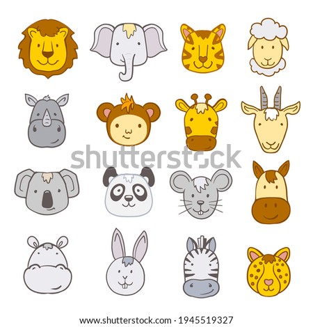 set of cartoon jungle animals faces. vector illustration