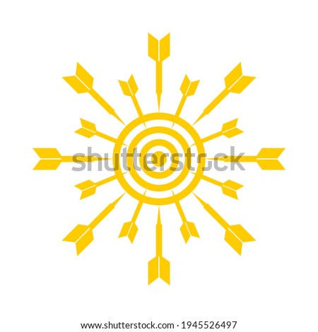 Yellow sun in the form of target and arrows. The concept of achieving goals. Sunburning actions