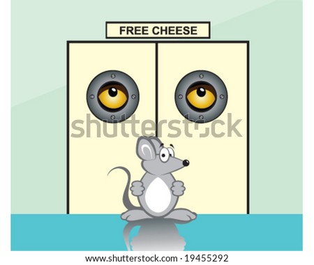 vector mouse trap behind elevator doors, concept buyer beware