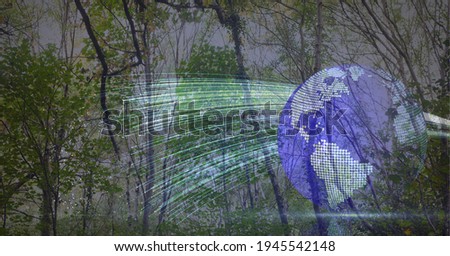 Composition of globe with green light trails over growing forest in background. global technology, environment, connection and networking concept digitally generated image.