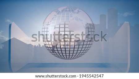Composition of globe with cityscape on blue background. global technology, environment, connection and networking concept digitally generated image.