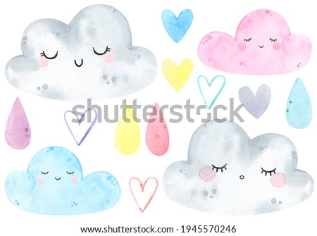 Watercolor cute clouds, drop, rain weather set. Sunny, sunshine, sky, sweet dreams. Watercolor prints, baby shower, greeting card, poster. Hand drawn illustration. Nursery decor. Scandinavian	