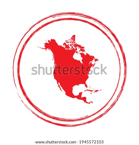 Red grunge stamp circle vector map of North America