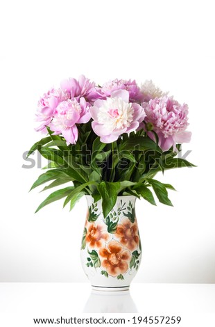 Bouquet of Peonies in decorative rustic style pot, Floral design wallpaper
